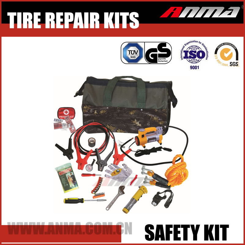Car roadside emergency tool kits with booster cable safety hammer air compressor