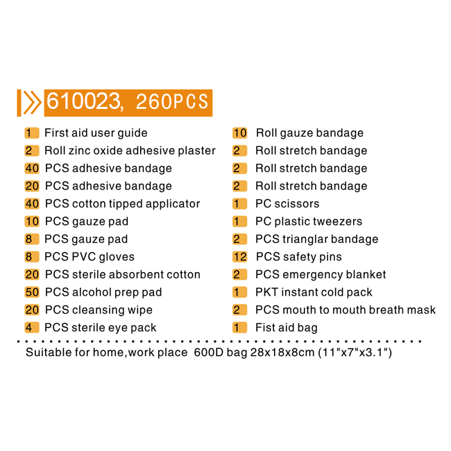 260 Pcs China Factory Wholesale Custom emergency preparedness first aid kit use in camping